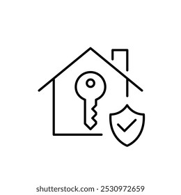 House, key and security shield with checkmark. Safe living, verified entry. Pixel perfect, editable stroke icon