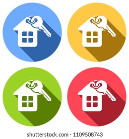 House with key. Set of white icons with long shadow on blue, orange, green and red colored circles. Sticker style