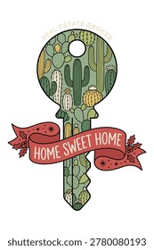 House key shape with cactus garden pattern and home sweet home ribbon. Desert themed real estate broker concept art.