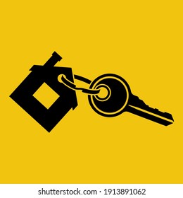 House key with trinket house-shaped. Rental estate. Sale property template. Vector illustration flat design. Tag as a house. Black silhouette isolated on yellow background.