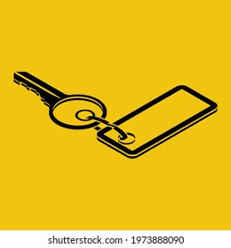 House key with trinket house-shaped. Rental estate. Sale property template. Vector illustration flat design. Tag as a house. Black silhouette isolated on yellow background.