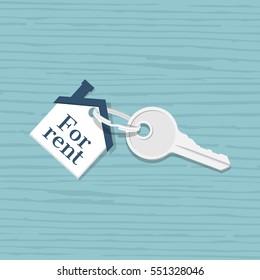 House key with trinket house shaped, isolated on a wooden table background. Rental estate. Sale property template. Vector illustration flat design. Tag as house. 