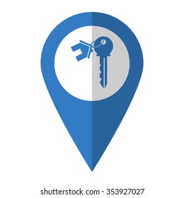 house key - vector icon; blue map  pointer