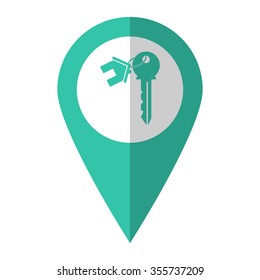 house key - vector icon;  green map pointer