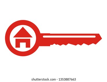 House at key, vector icon. Red silhouette key with house. Concept for real estate agency or turnkey construction.