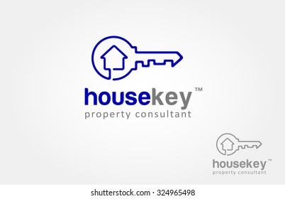 House Key Vector Logo Template  Vector logo design element white background  Real estate  key  house home made from one direction line  it's modern  simple   clean design 