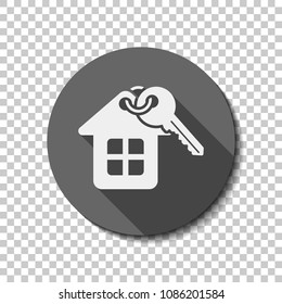 House with key. White flat icon with long shadow in circle on transparent background. Badge or sticker style