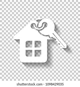 House with key. White icon with shadow on transparent background