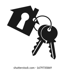 House with keyhole, two key and key ring. Keychain symbol, icon silhouette on white background
