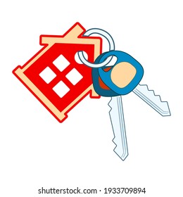 Anillo de llaves y llave aislada en fondo blanco. Fabricación de llaves. Casa roja con ventanas, dos llaves y llavero. Compra de una nueva vivienda o símbolo inmobiliario con cadena de claves. Ilustración vectorial de acciones