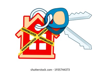 House keyring and key with yellow warning tapes isolated on white background. House is labelled as confiscated. Housing bubble and mortgage crisis concept. Real estate seize. Stock vector illustration