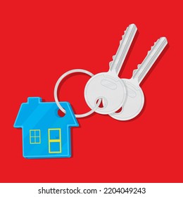 Claves de la casa con casa azul sobre fondo rojo, Propietario del hogar, cadena de claves de la casa, ilustrador vectorial dibujos de dibujos de imágenes
