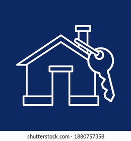 Haus mit Schlüssel, Konzept eines neuen Hauptwohnsitzes, Ferienhaus, Bau und Investition. schwarze Vektorgrafik auf weißem Hintergrund, Skizze