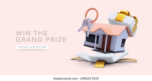 House and keys flies out of the gift box in 3D cartoon style. Vector illustration