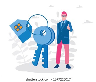 Claves de casa feliz hombre Vector ilustración para banner web, infografía, móvil. 