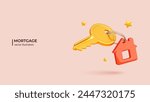 House keys mortgage loan concept. Realistic 3d design of Real estate agent give keys. 3D Vector illustration in cartoon minimal style.
