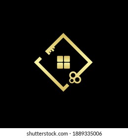 casa y llaves. Diseño vectorial del logo de Realestate en color dorado sobre fondo negro