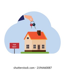 A house with keys and text for rent.