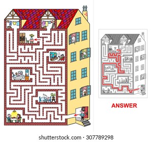 House - Labyrinth For Kids (easy). Help Lord To Find A Correct Way To His Flat At Top Floor. Beware And Do Not Get Lost Otherwise You Will Visit Neighbors!