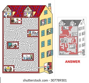 House - Labyrinth For Kids (hard). Help Lord To Find A Correct Way To His Flat At Top Floor. Beware And Do Not Get Lost Otherwise You Will Visit Neighbors!