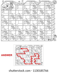 House labyrinth - landscape. Find a correct path through the house, so a boy will be able to go to his flat. Vector illustration. Only one way is leading to the finish, other paths are dead ends.
