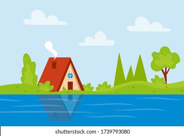 House with lake scene. Cottage with green trees and river. Summer Landscape with cabin hut. Colorful vector illustration.