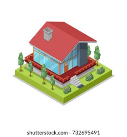 House landscape design isometric 3D icon. Construction stages of countryside house, low poly model of rural real estate building vector illustration.