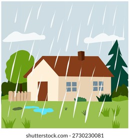 Paisagem da casa em estilo plano para a atmosfera da estação chuvosa com chuva caindo e vegetação.