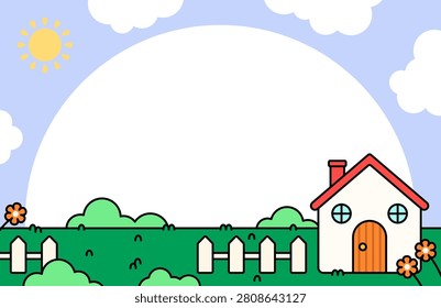 House landscape with a large blank copy space, green garden, fence, clouds, and sunshine for banners, posters, children's designs, and seasonal backgrounds vector illustration cartoon