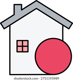 A house with a large red circle on the wall building roof window