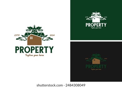 House with a large tree growing logo design, representing a real estate company focused on eco-friendly homes. Vector illustration template idea