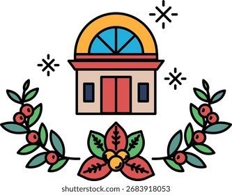 A house with a large window and a small door. The house is surrounded by a wreath of leaves
