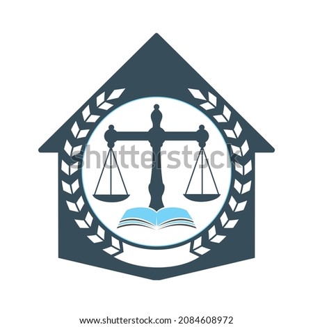 House of Law logo vector with judicial balance symbolic of justice scale on book. Home Balance with Book vector template design.