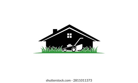 House with lawn mower outside.
