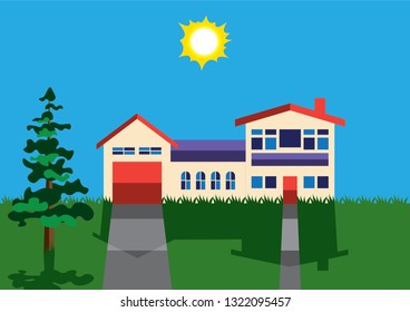 House and lawn vector drawing with blue sky and sun in the background. Green lawn and tree in front of the house. Shadows from the house and tree can be seen