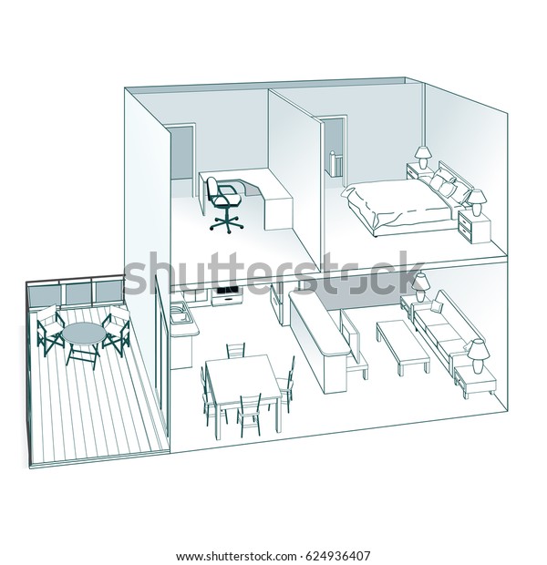 House Layout Bedroom Office Kitchen Living Stock Vector