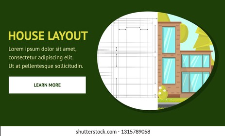 House Layout Web Page Vector Template. Building Exterior Landing Page. Flat Illustration, Text Space, Button. Apartment Floor Plan. Modern Construction Poster. Architecture Company Website Banner