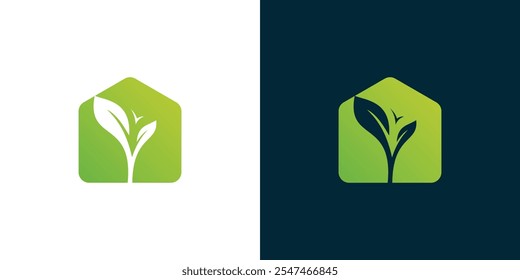 House and leaf combination logo, leaf shoot and house logo, simple leaf and house logo