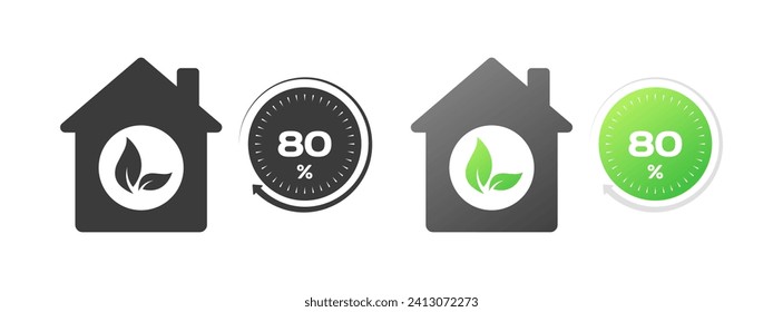 Casa con una hoja adentro. Plano, escala del 80%, casa con iconos de hoja. Iconos del vector