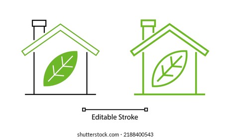 House and leaf linear ecology icons. Icon in 2 styles. Eco home concept. Editable stroke. Vector icon for graphic and web design.