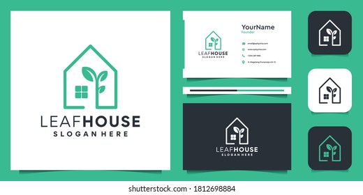 House and leaf logo illustration vector graphic in lineart style. Suit for brand, icon, advertising, organic, home, and business card