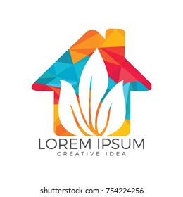House with leaf logo template. Conceptual icon for hotels real estate firms eco friendly smart houses cottages.