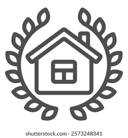 House with leaves branch line icon, jurisprudence concept. Vector graphics. Cottage building with leaf branches sign on white background, outline style icon for mobile or web design