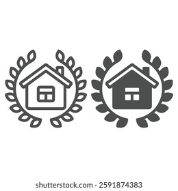 House with leaves branch line and solid icon, jurisprudence concept. Vector graphics. Cottage building with leaf branches sign on white background, outline style icon for mobile or web design