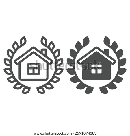 House with leaves branch line and solid icon, jurisprudence concept. Vector graphics. Cottage building with leaf branches sign on white background, outline style icon for mobile or web design