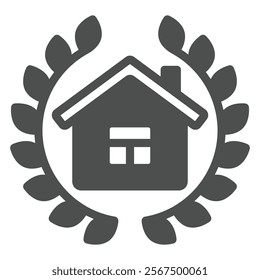 House with leaves branch solid icon, jurisprudence concept. Vector graphics. Cottage building with leaf branches sign on white background, glyph style icon for mobile or web design