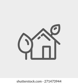 House with leaves icon thin line for web and mobile, modern minimalistic flat design. Vector dark grey icon on light grey background.