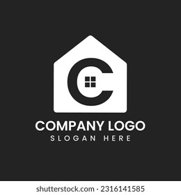 House and leaves logo design in simple lines on black color