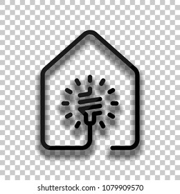 house with led eco lamp icon. line style. Black glass icon with soft shadow on transparent background