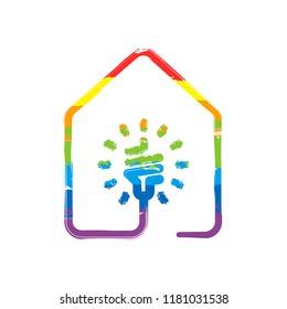 house with led eco lamp icon. line style. Drawing sign with LGBT style, seven colors of rainbow (red, orange, yellow, green, blue, indigo, violet